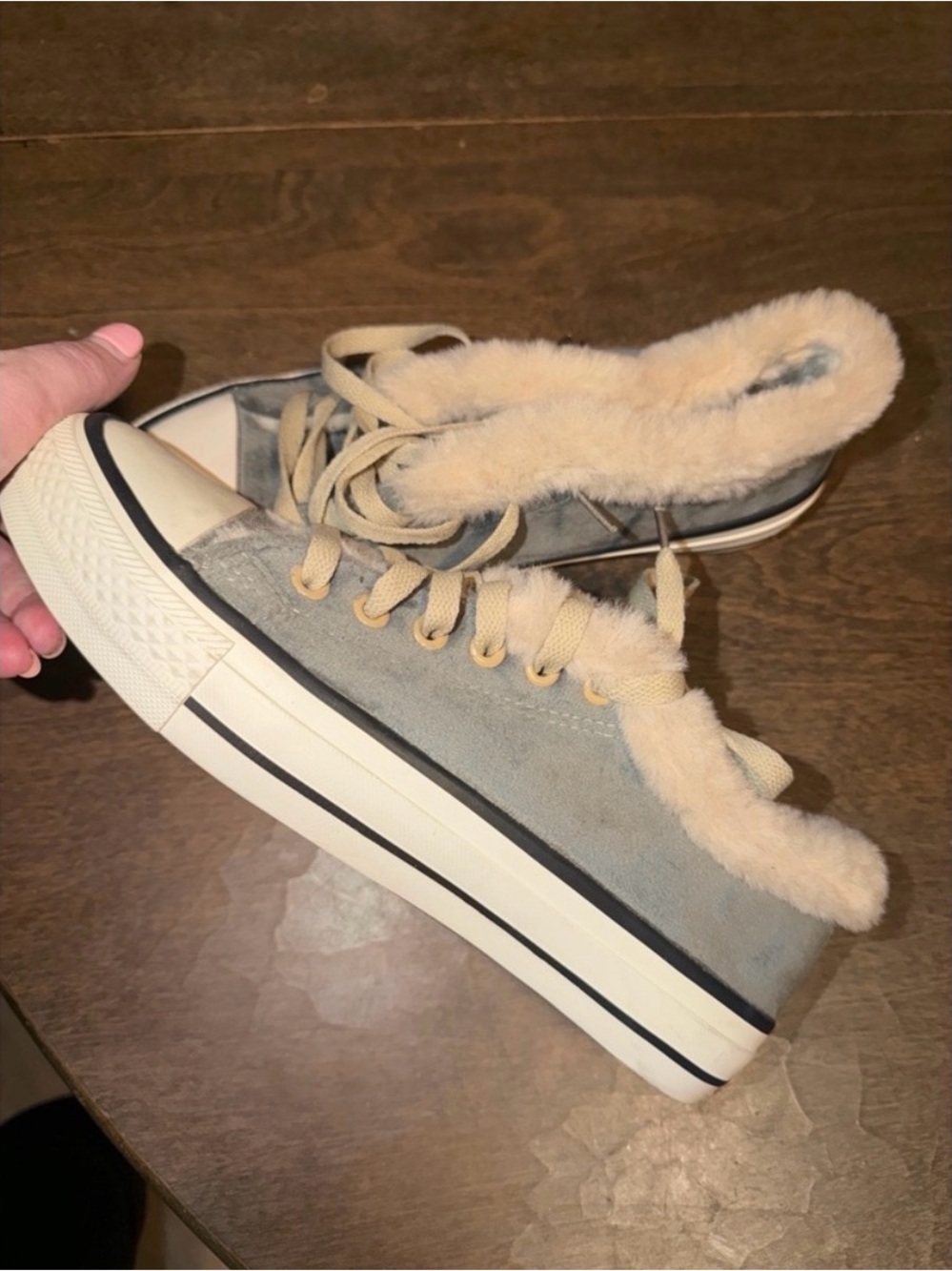 Women's Grey Sneakers with Cream Fur Trim
